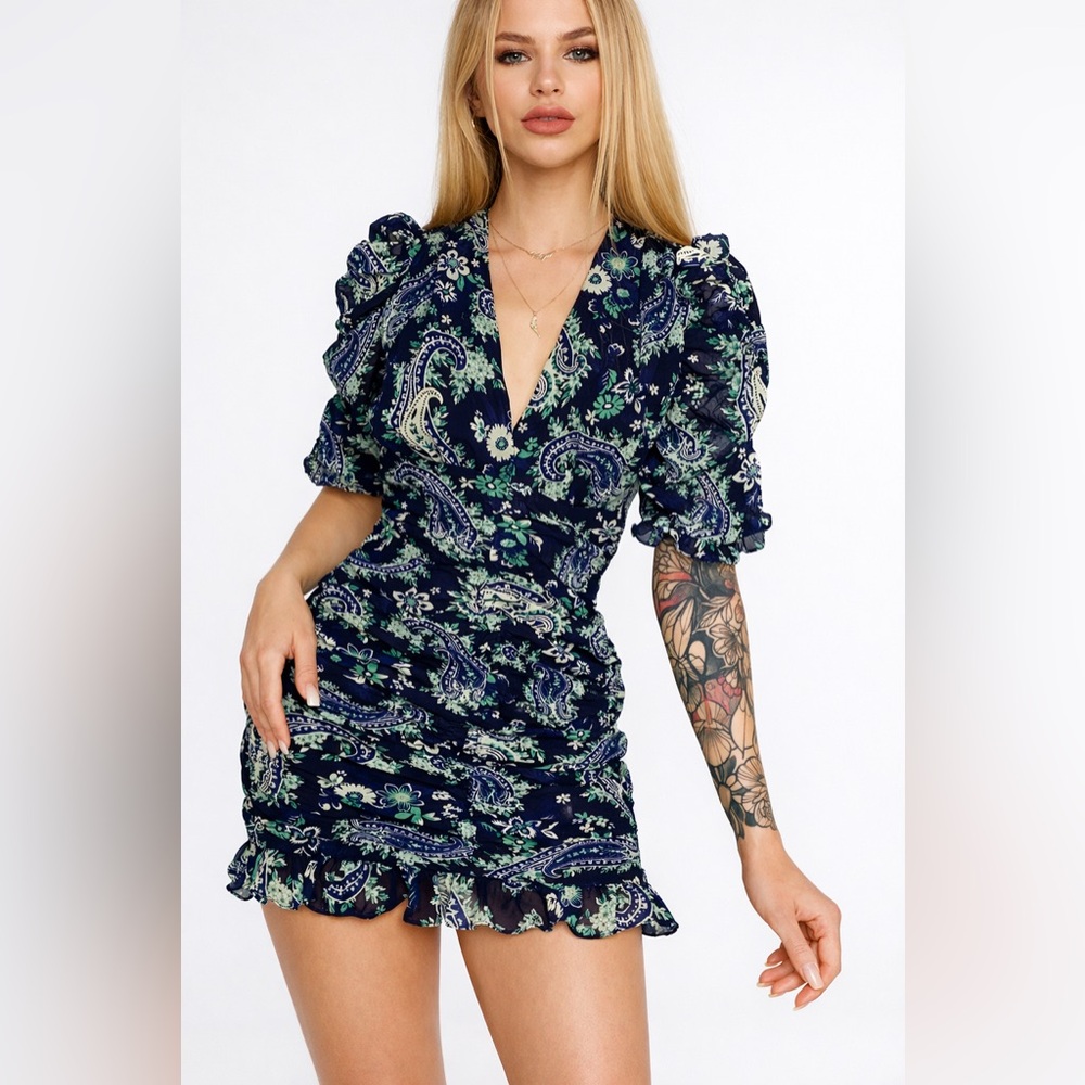 ZARA Paisley Ruched Mini Dress XS NWT Blue Puff Sleeve Boho Romantic Dress
